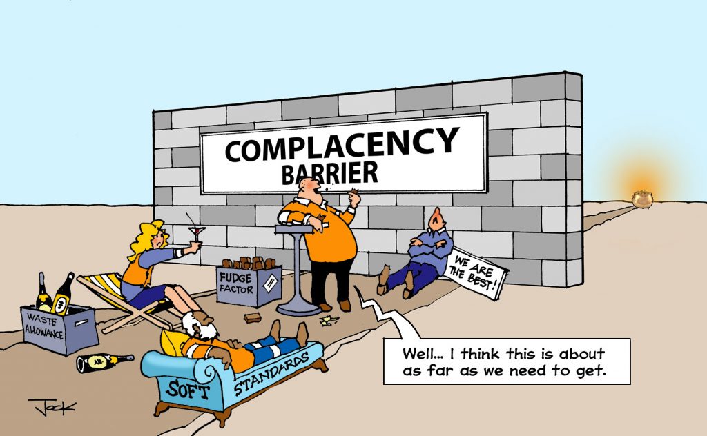 Lean culture complacency barrier cartoon